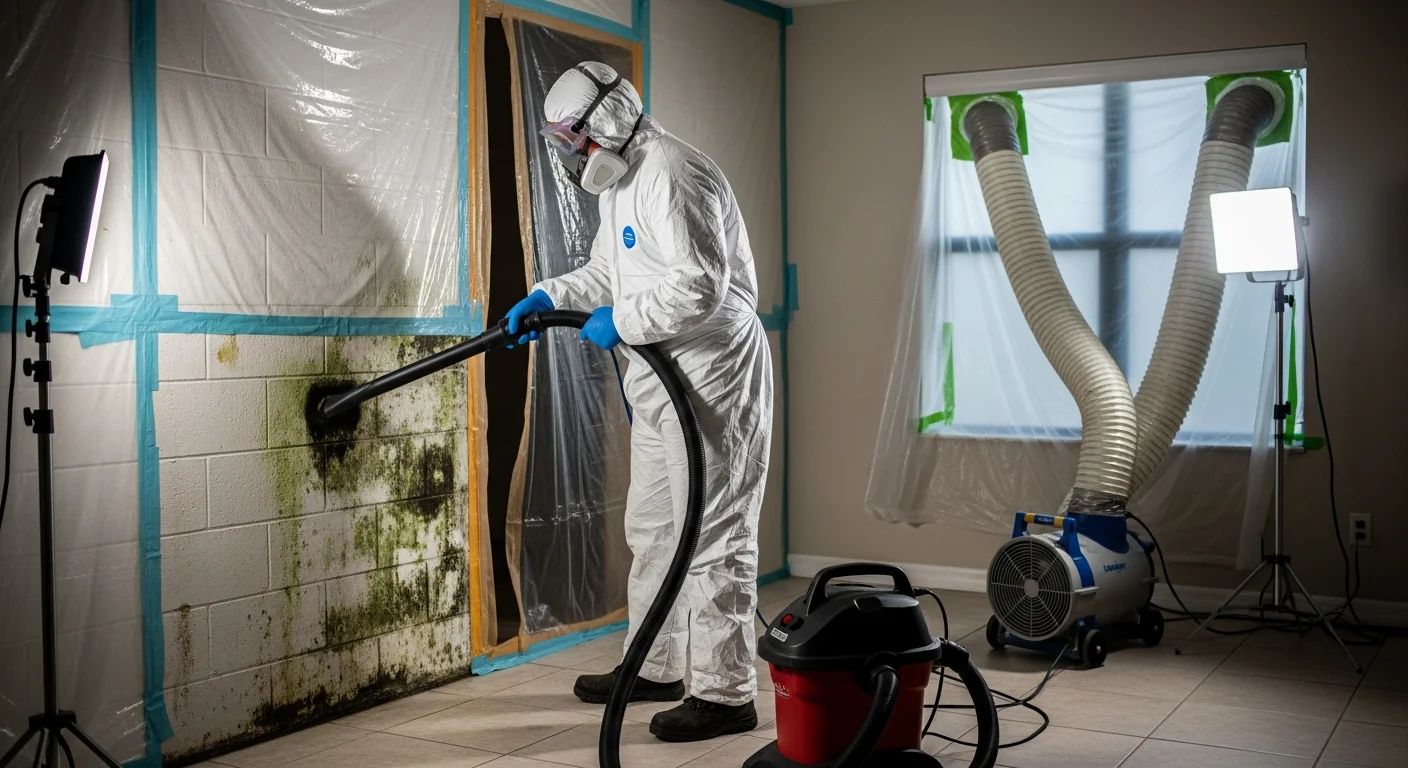 Palm Build mold remediation technician in full PPE working inside containment zone with HEPA vacuum and negative air machine in an Oakland Park FL condo unit