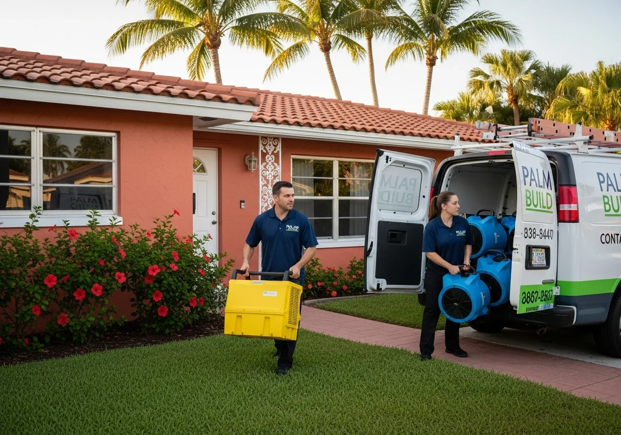 Palm Build restoration team with equipment arriving at an Oakland Park Florida property for emergency water damage response
