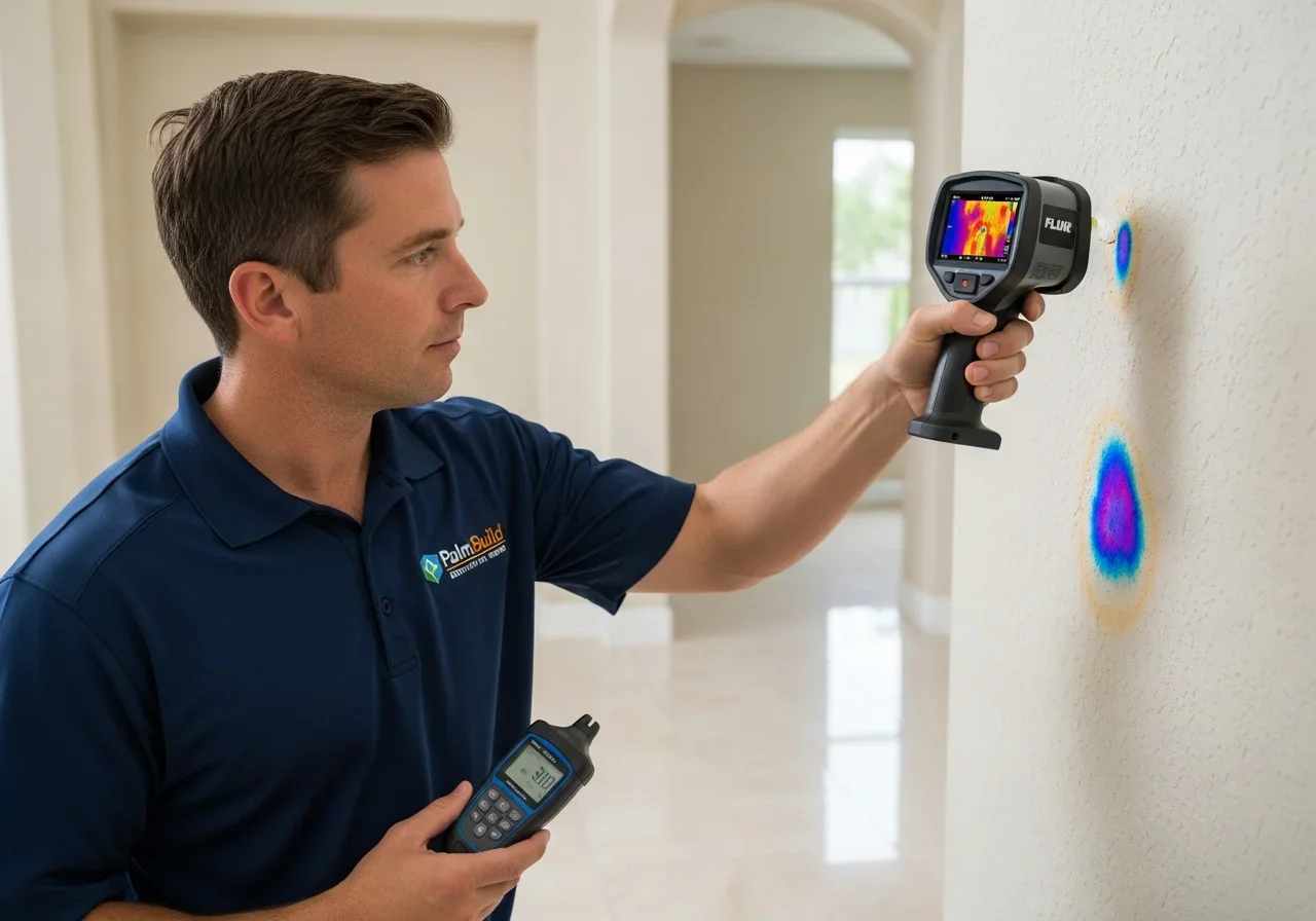 FLIR thermal imaging camera detecting hidden moisture behind CBS walls in an Oakland Park property during large loss assessment