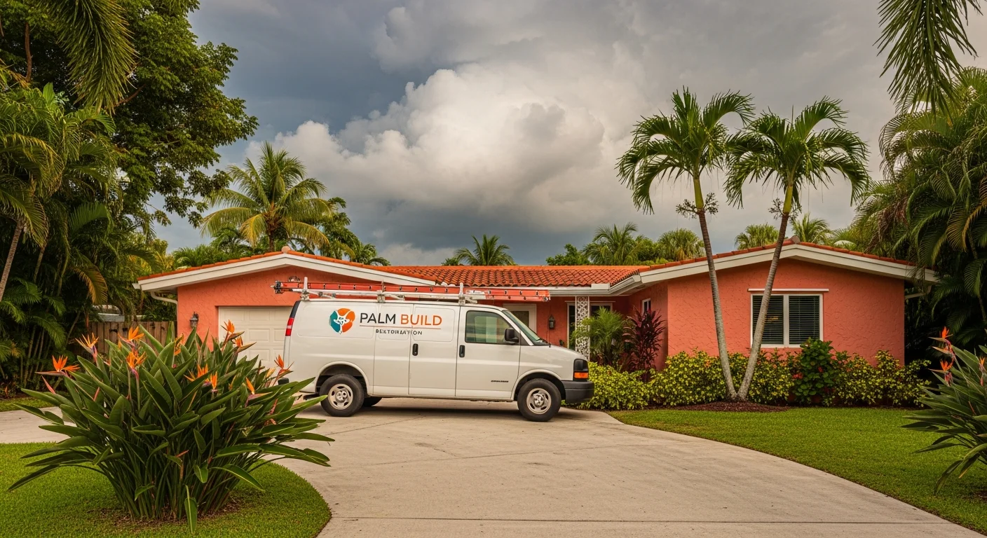 Palm Build restoration van parked at a mid-century stucco home in Oakland Park, Florida with tropical landscaping and approaching storm clouds over Broward County