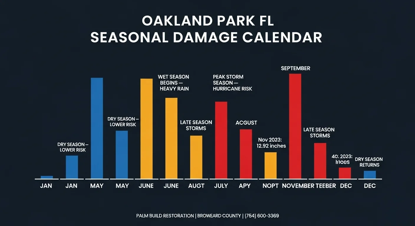 Seasonal storm damage calendar showing hurricane risk timeline for Oakland Park FL homeowners in Broward County