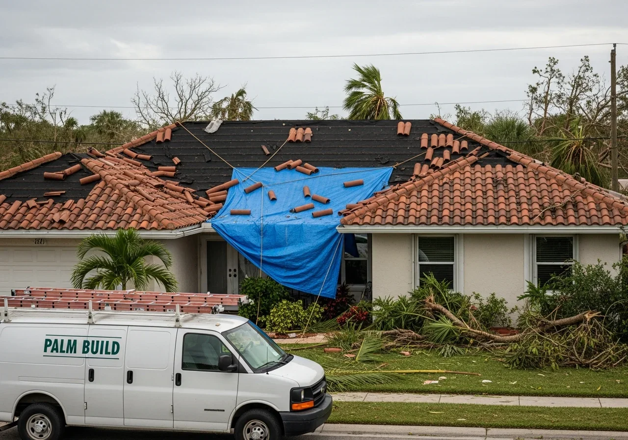 Barrel tile roof wind damage on an Oakland Park FL stucco home with displaced tiles and exposed underlayment after a tropical storm