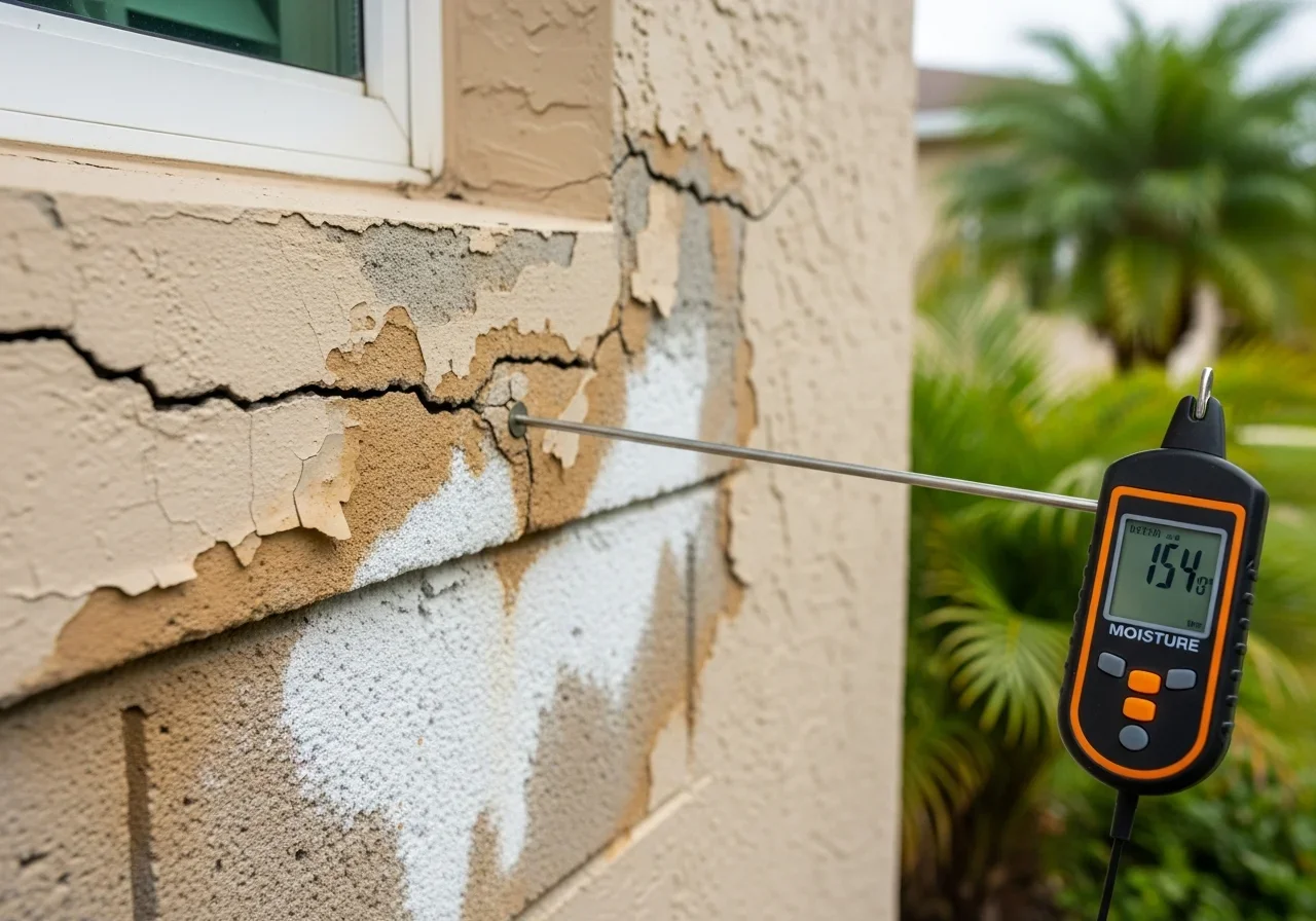Close-up of freshwater moisture damage on a CBS stucco exterior in Oakland Park Florida showing water staining and intrusion around a window frame