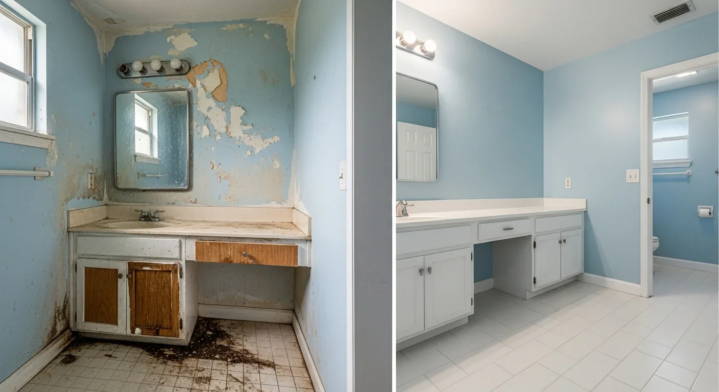 Before and after bathroom restoration and reconstruction at an Oakland Park FL property after water damage from cast-iron drain-line failure