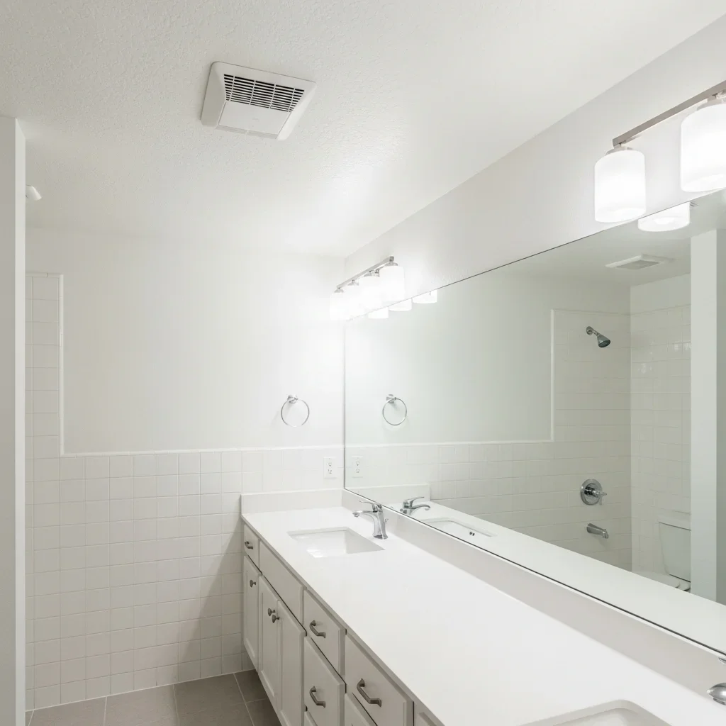 Fully restored clean bathroom in Orlando after professional mold remediation with pristine white ceiling, fresh grout, and new ventilation fan