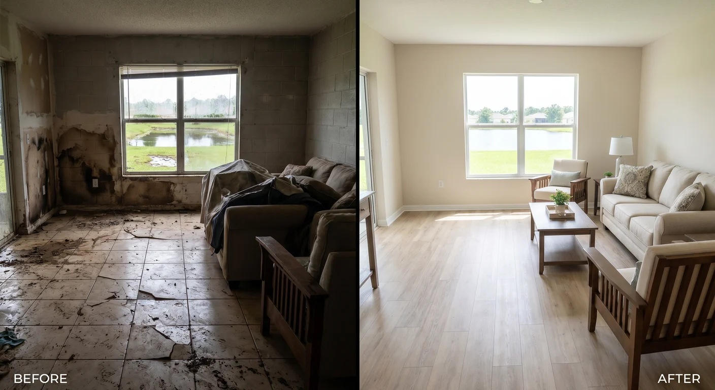 Before and after comparison of water damage restoration at an Orlando Florida home showing complete interior renewal