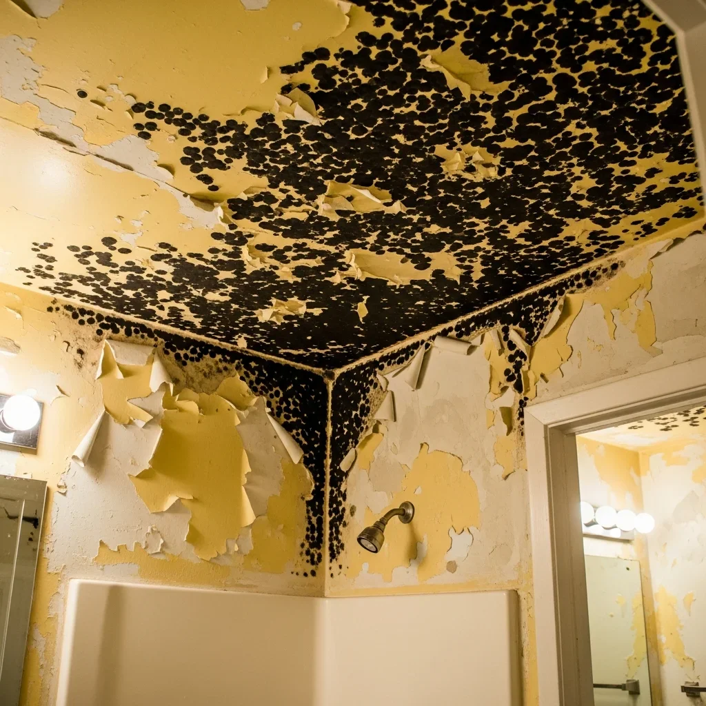 Severe black mold damage on bathroom ceiling and upper walls in an Orlando Florida rental unit from humidity and inadequate ventilation