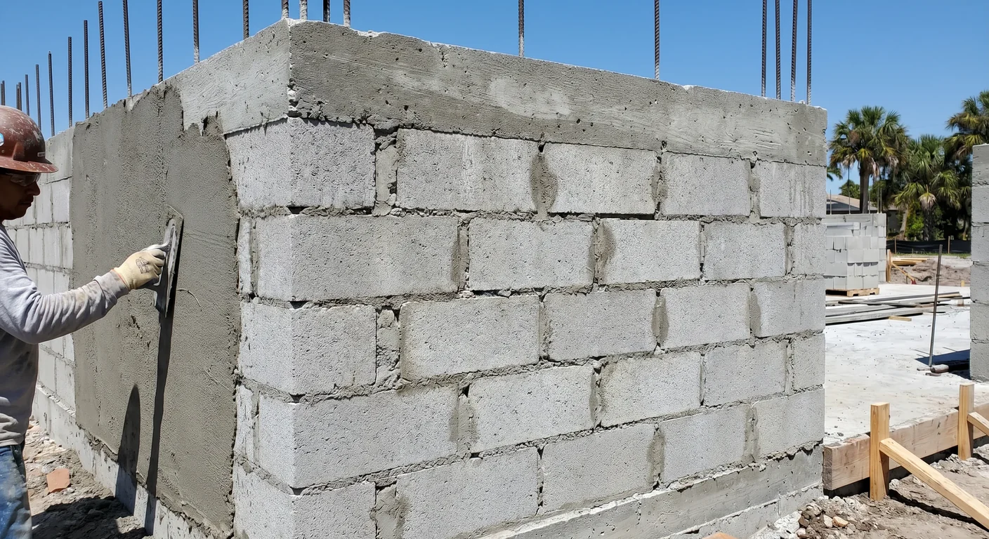 CBS concrete-block wall construction on a Central Florida Orlando home with stucco being applied over block, rebar and tie-beam visible on a slab-on-grade foundation