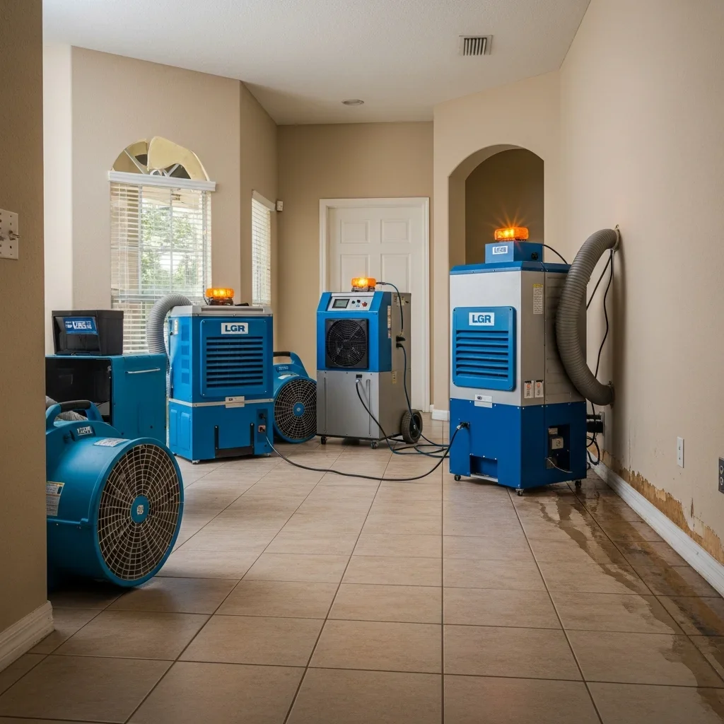 Industrial drying equipment deployed across multiple rooms in an Orlando large loss restoration project