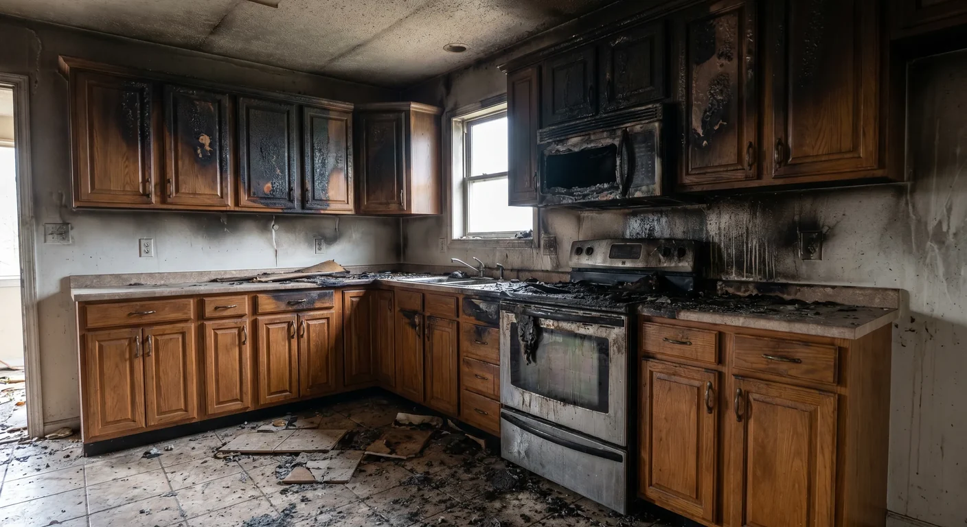 Emergency fire damage restoration in an Orlando FL CBS stucco home with charred kitchen cabinets and heavy soot