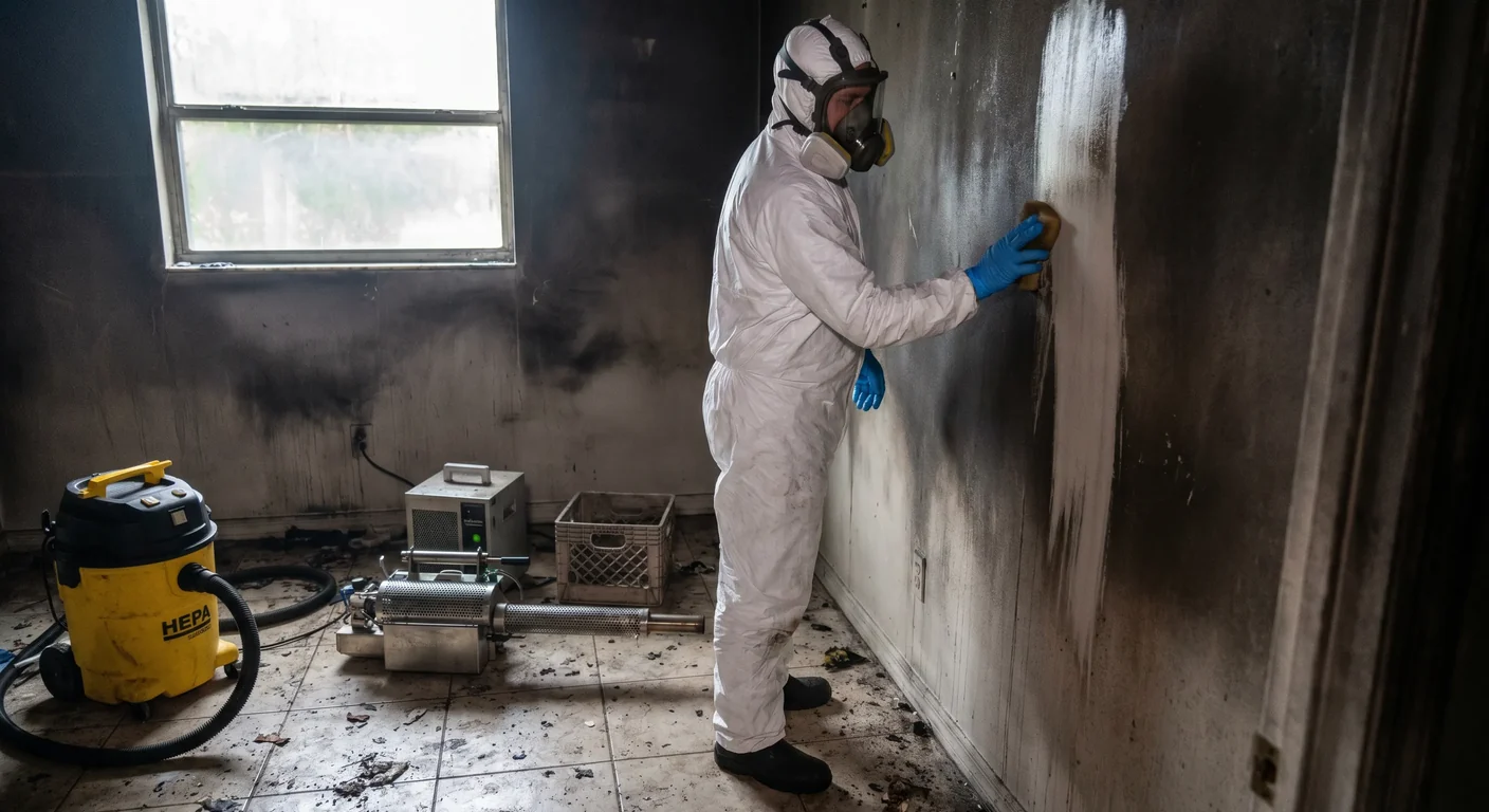 Palm Build restoration technician in PPE cleaning soot from a smoke-damaged interior wall in an Orlando Florida home