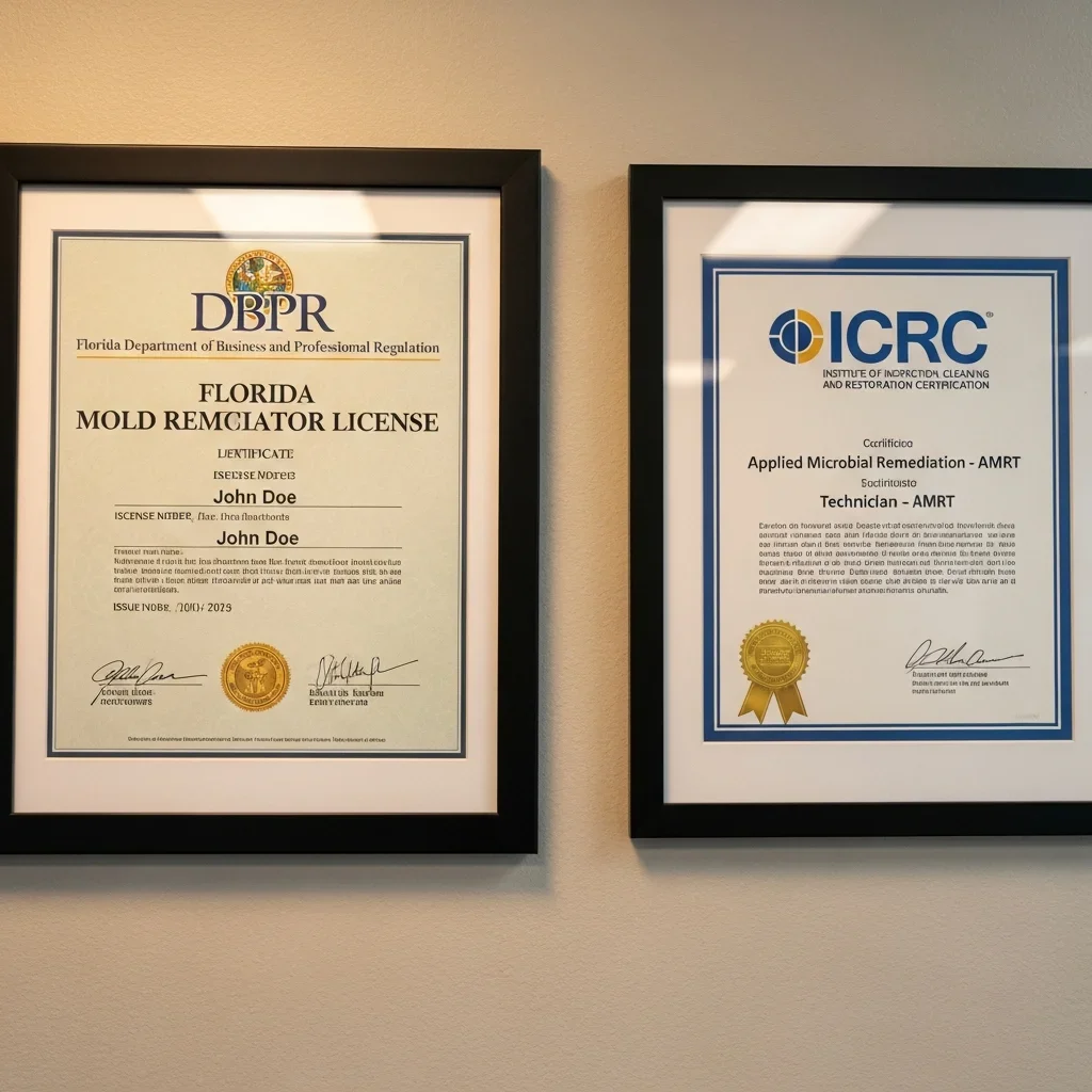 Florida DBPR mold remediator license certificate and IICRC certification displayed in a professional office