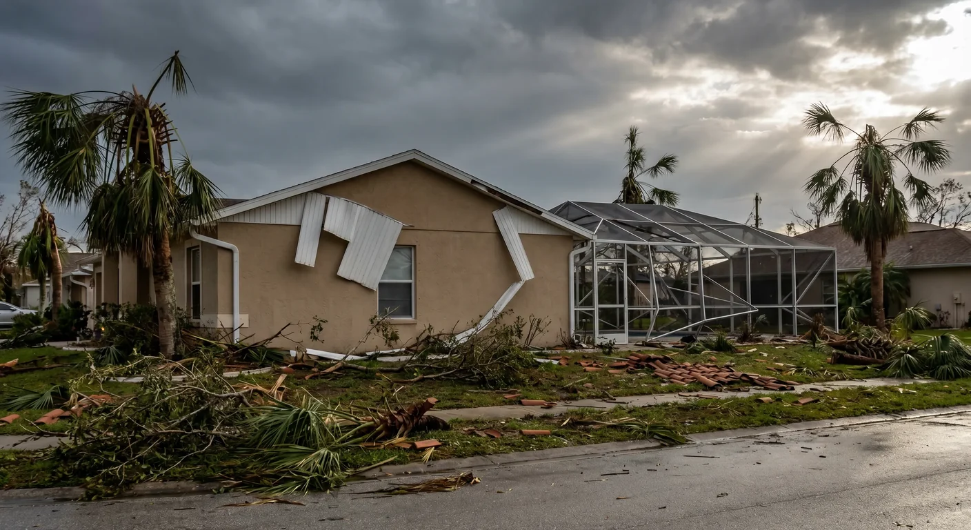Hurricane wind damage to a Central Florida home near Orlando with torn soffit, downed limbs and a damaged screen pool enclosure