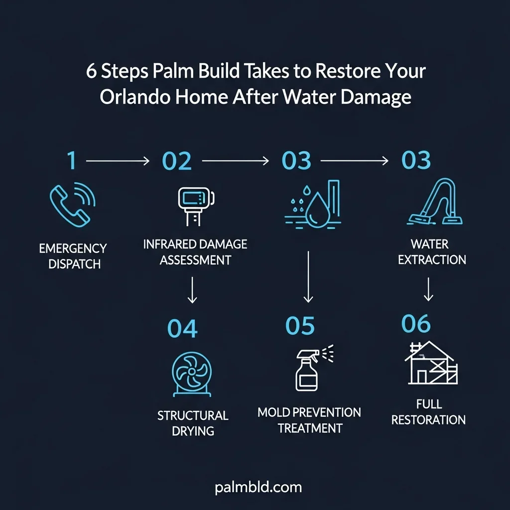 Infographic showing Palm Build's 6-step water damage restoration process for Orlando FL homes