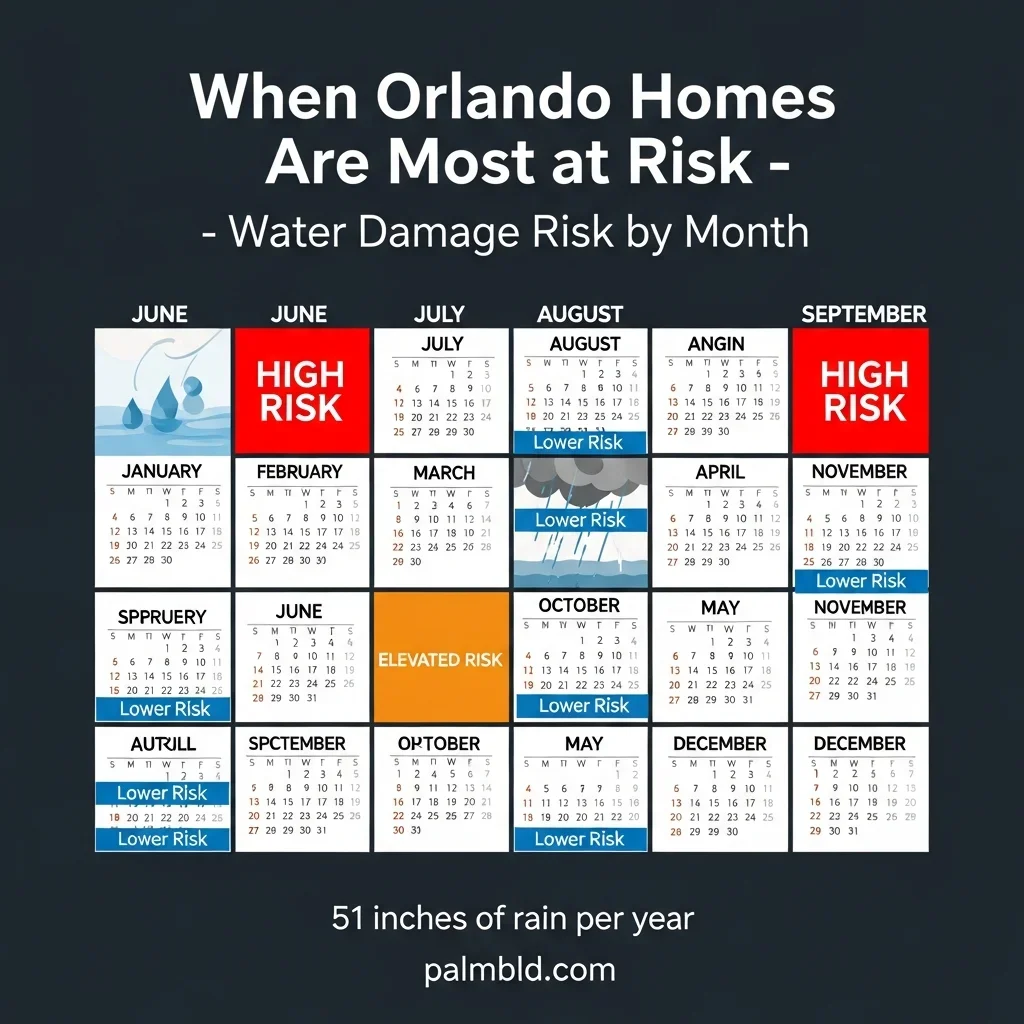 Seasonal water damage risk calendar for Orlando Florida showing June through September as highest risk months with 51 inches annual rainfall