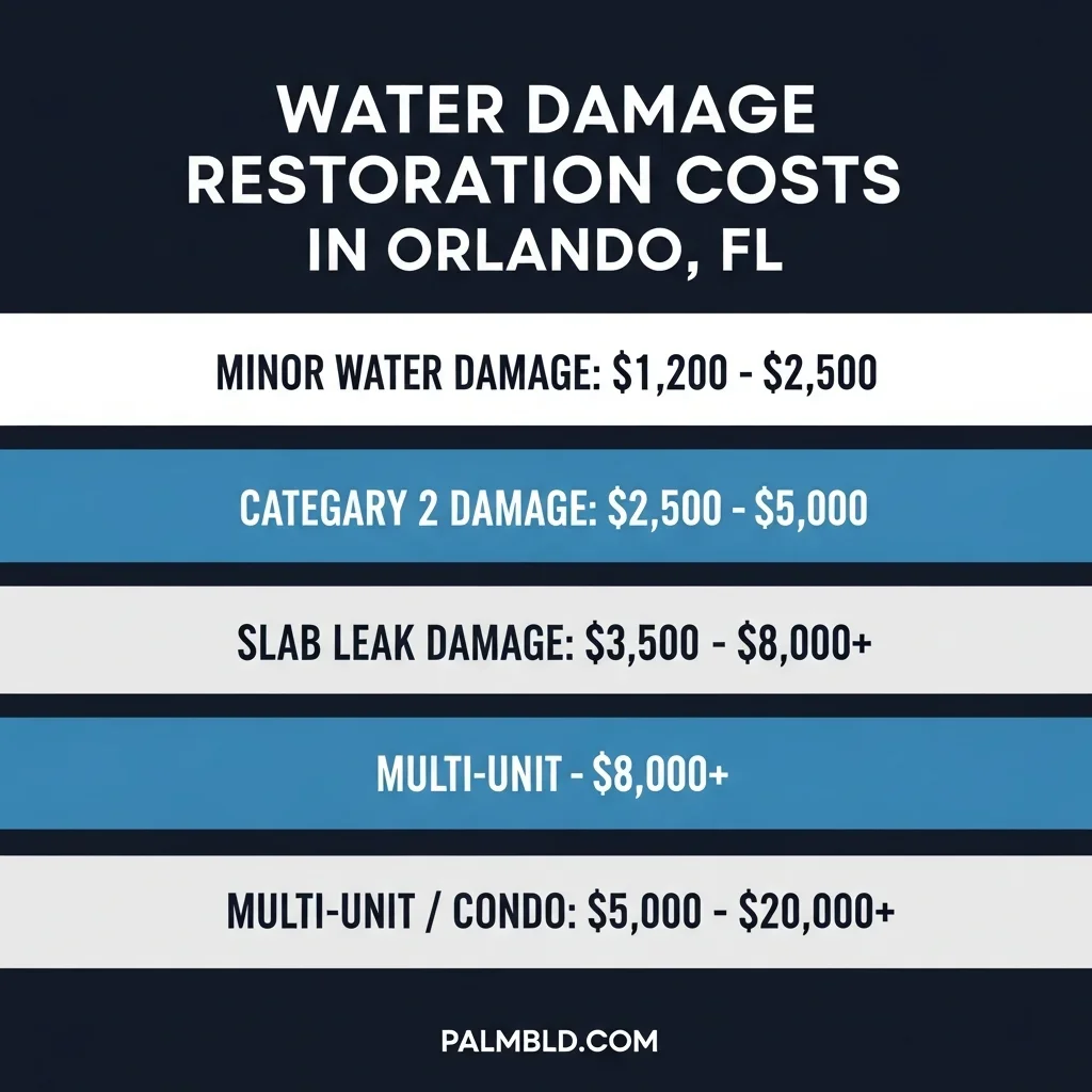 Infographic showing water damage restoration cost tiers in Orlando Florida from minor damage to multi-unit condo losses