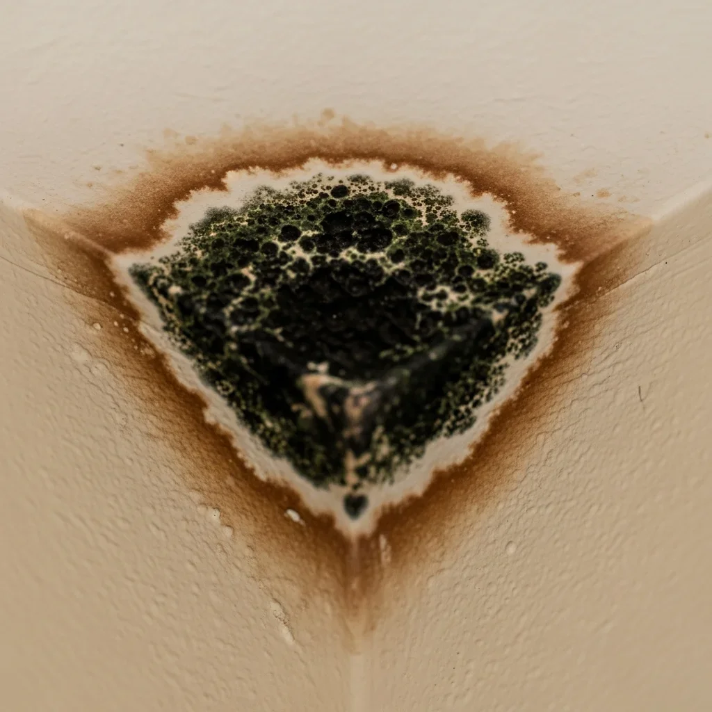 Black and green mold colony spreading from ceiling corner in an Orlando Florida apartment with water stain halo from plumbing or HVAC failure