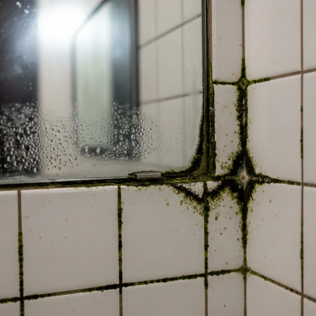Mold growth along grout lines in a Florida bathroom tile wall with condensation on mirror showing humid conditions in an Orlando home