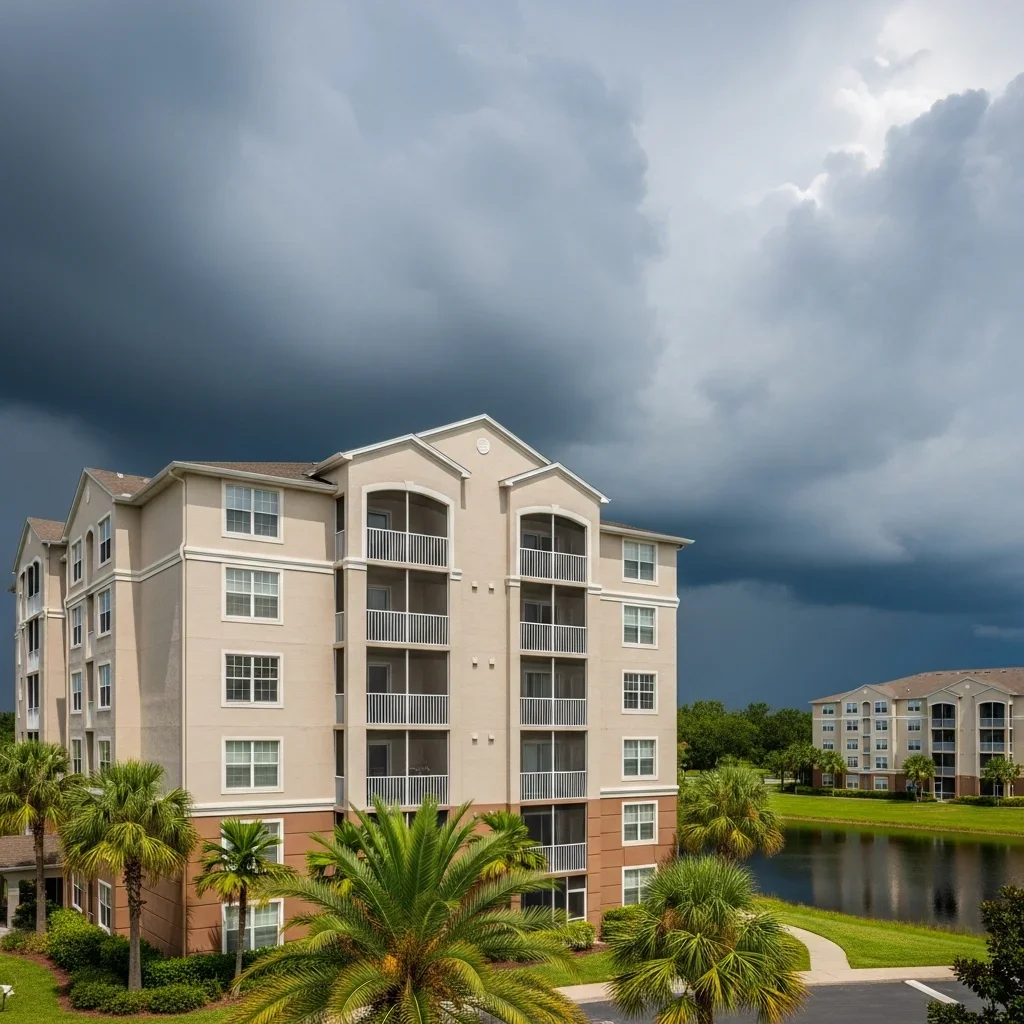 Mid-rise condominium complex in Orlando Florida where HVAC failures in upper units cause inter-unit water migration that damages personal contents across multiple floors
