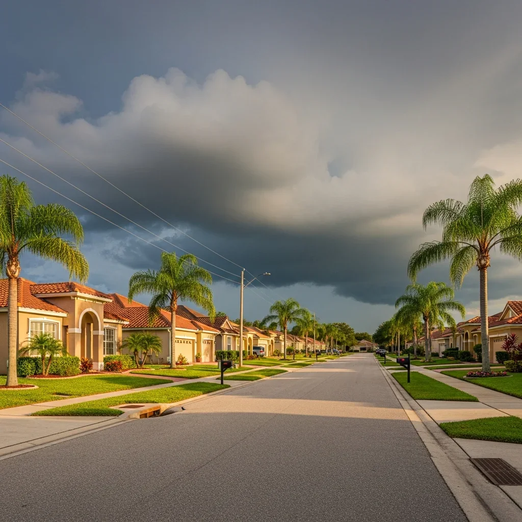 Master-planned stucco home community in Orlando Florida showing HOA-governed residential neighborhood with barrel-tile roofs and retention pond