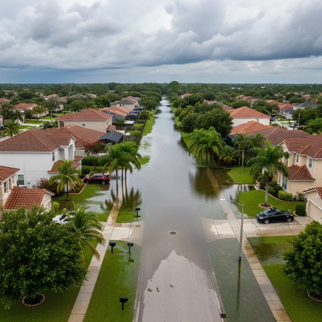 Freshwater closed-basin flooding in an Orlando Central Florida neighborhood after a stalled hurricane dropped historic rainfall