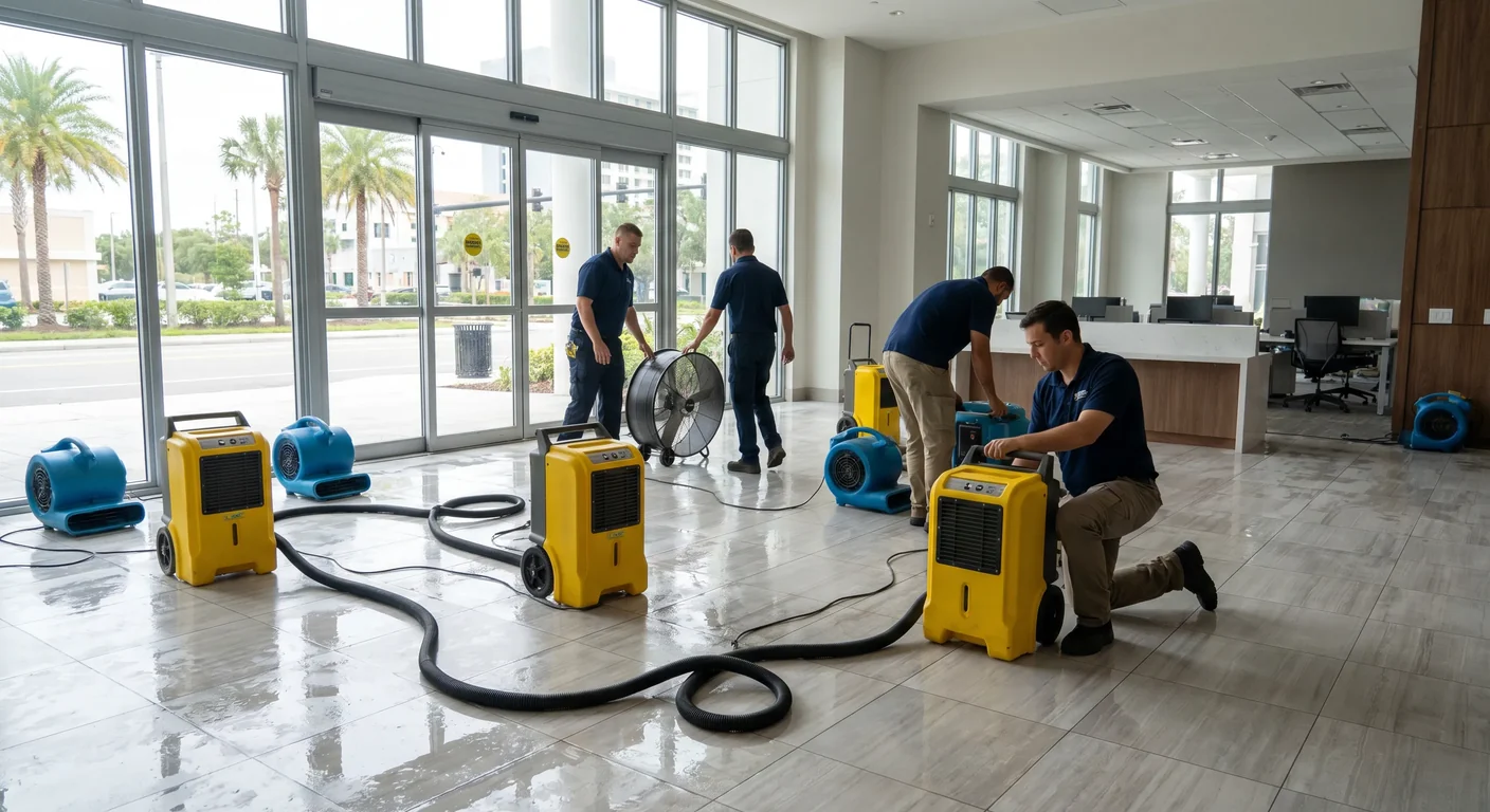 Commercial property interior in Orlando FL with restoration crew and commercial air movers running after water damage in a hotel-style lobby