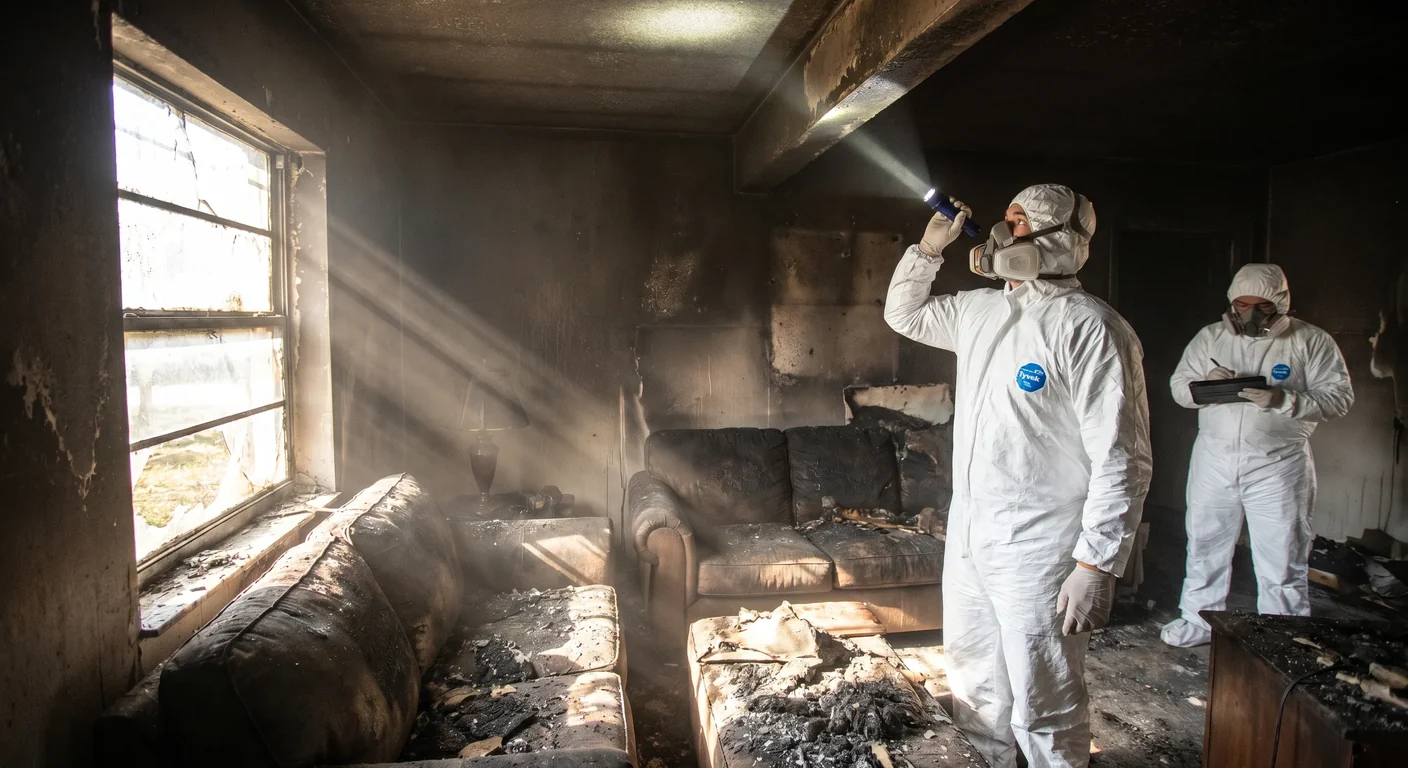 Palm Build technician in PPE assessing soot-blackened walls and ceiling inside a fire-damaged Orlando Central Florida home