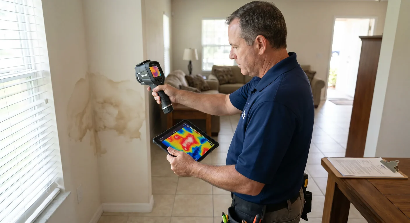 Palm Build estimator documenting water damage in an Orlando Central Florida home with a thermal imaging meter and a tablet moisture map for an insurance claim