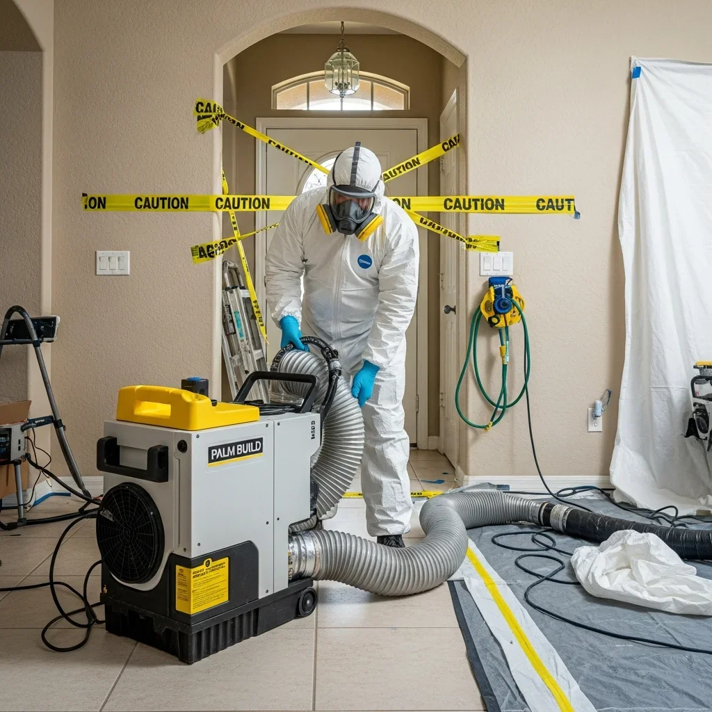 HEPA air scrubber and negative pressure containment setup inside an Orlando Florida home during active mold remediation
