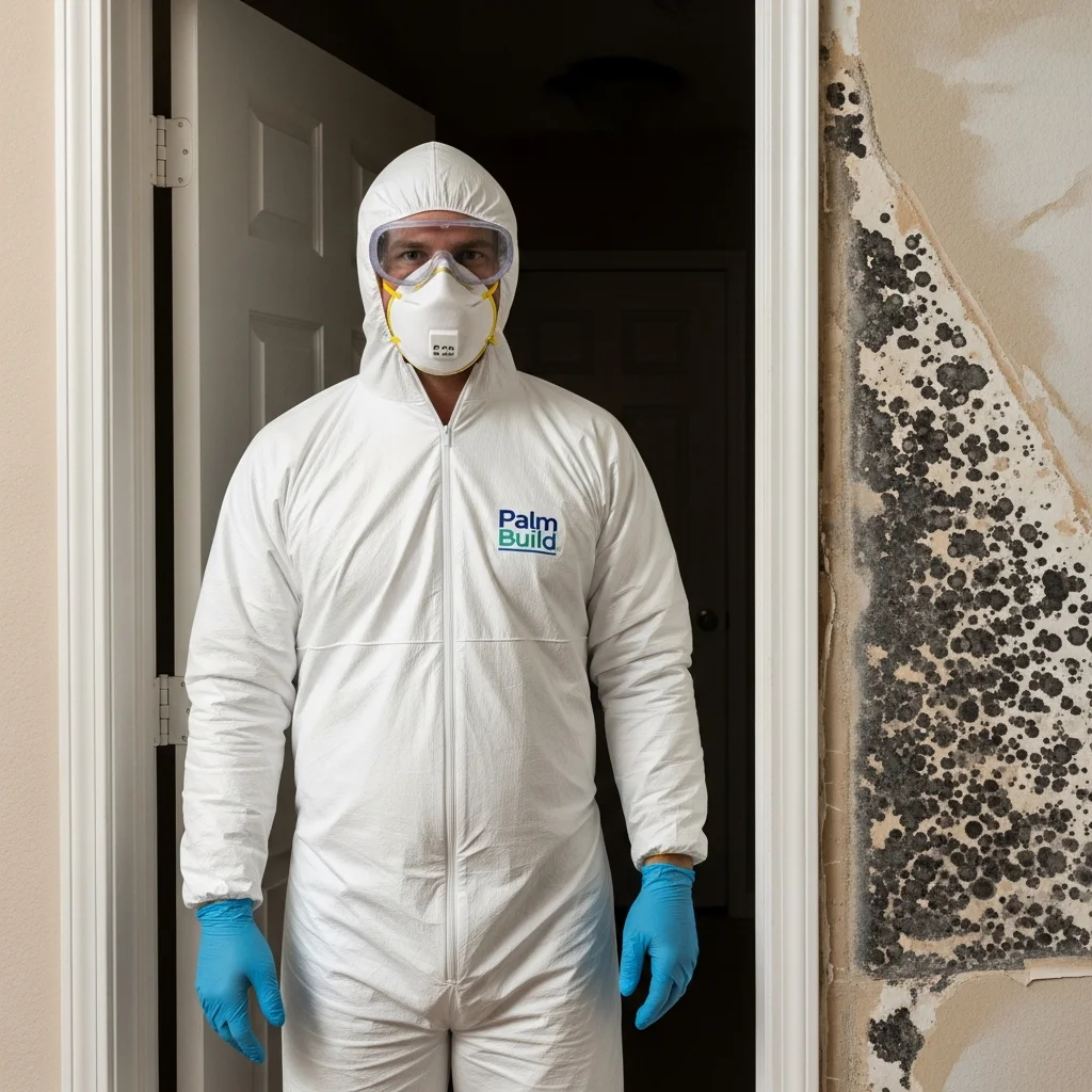 Palm Build mold remediation technician in full Tyvek protective suit and respirator inside an Orlando Florida home with visible mold damage