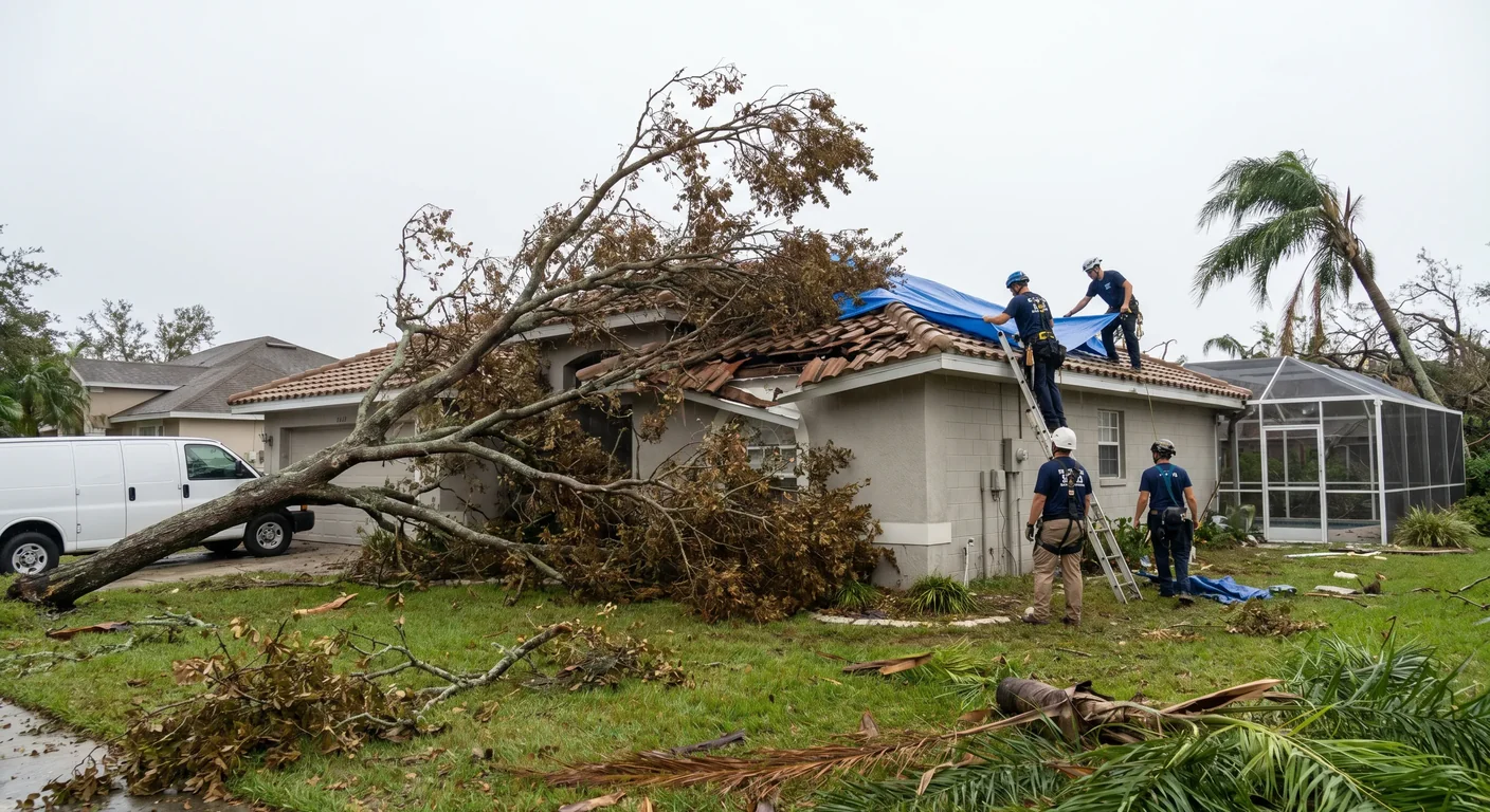 Fallen live-oak limb on the barrel-tile roof of a CBS stucco home in Orlando Florida with a Palm Build crew tarping after a Central Florida windstorm