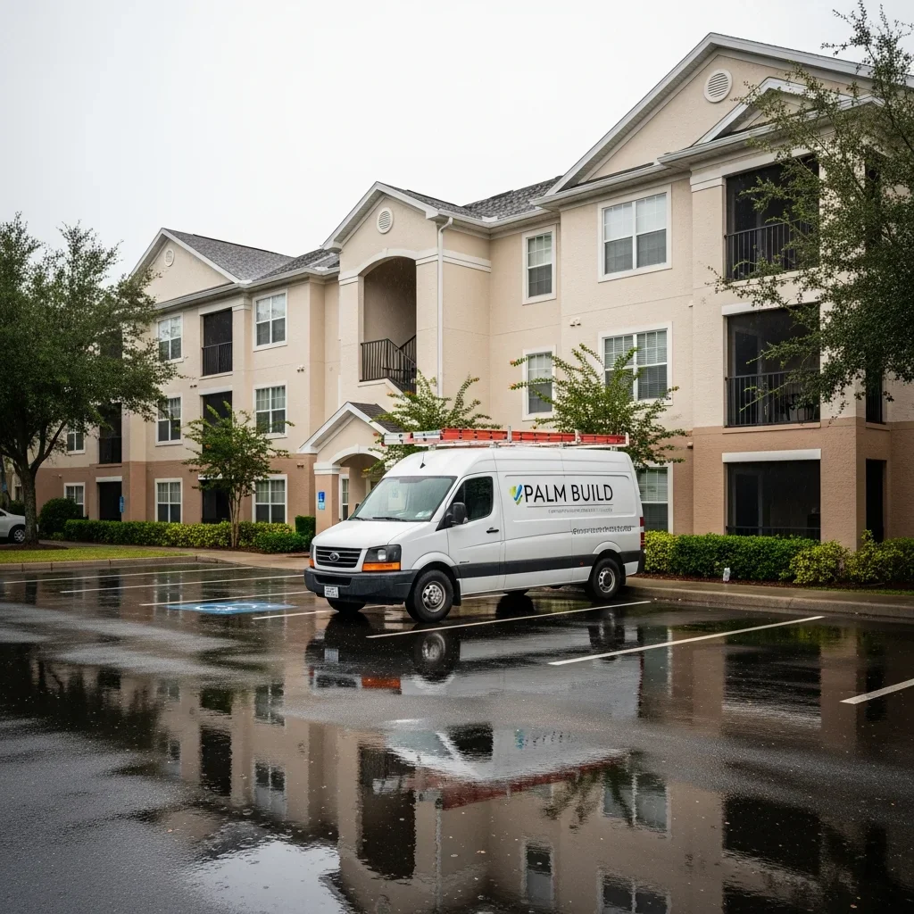 Palm Build restoration team responding to HOA condo water damage at a multi-unit building in Orlando Florida with professional extraction equipment deployed