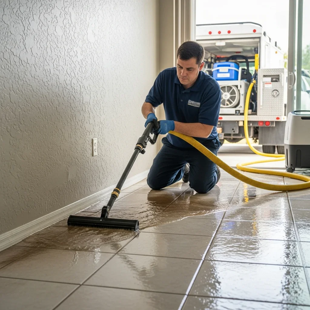 Palm Build crew performing emergency water extraction on a tile floor at an Orlando Florida multifamily property