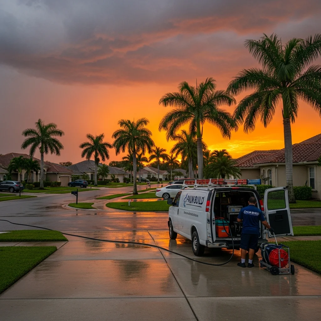 Palm Build water damage restoration truck in Orlando Florida neighborhood after tropical rain with CBS stucco homes and palm trees visible
