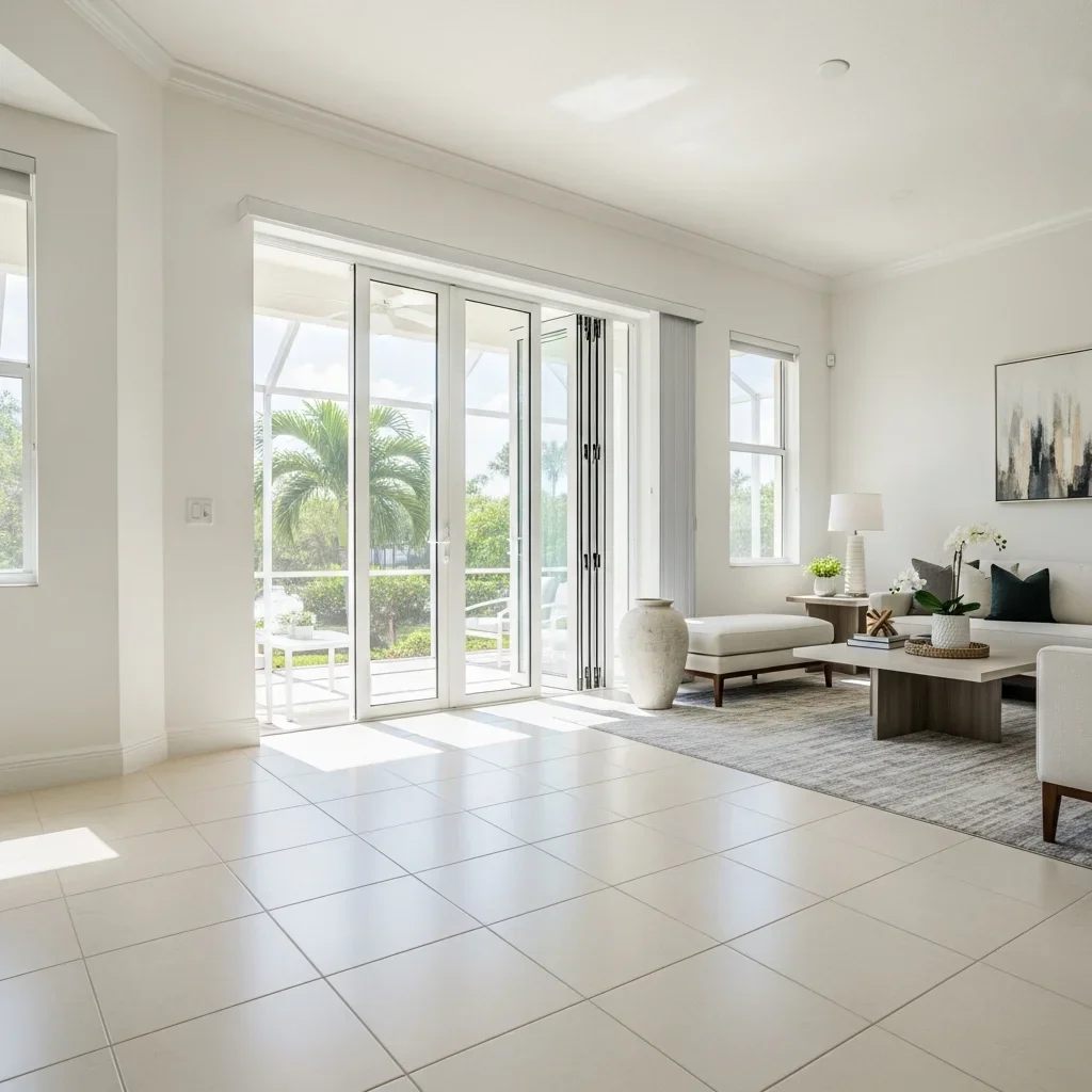 Beautifully restored living room in an Orlando FL home after reconstruction with new flooring, trim, and finishes