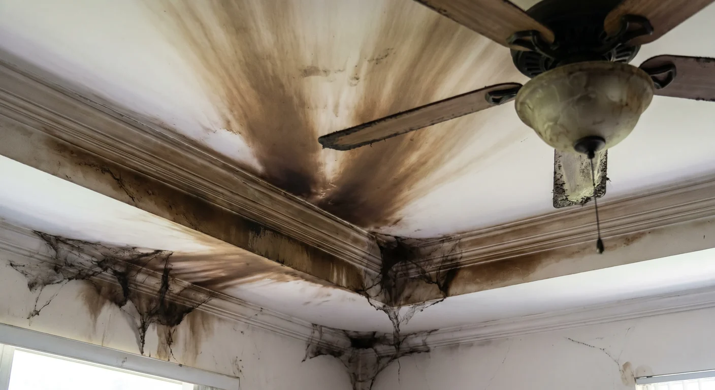 Smoke and soot staining radiating across a white interior ceiling and crown molding of an Orlando home