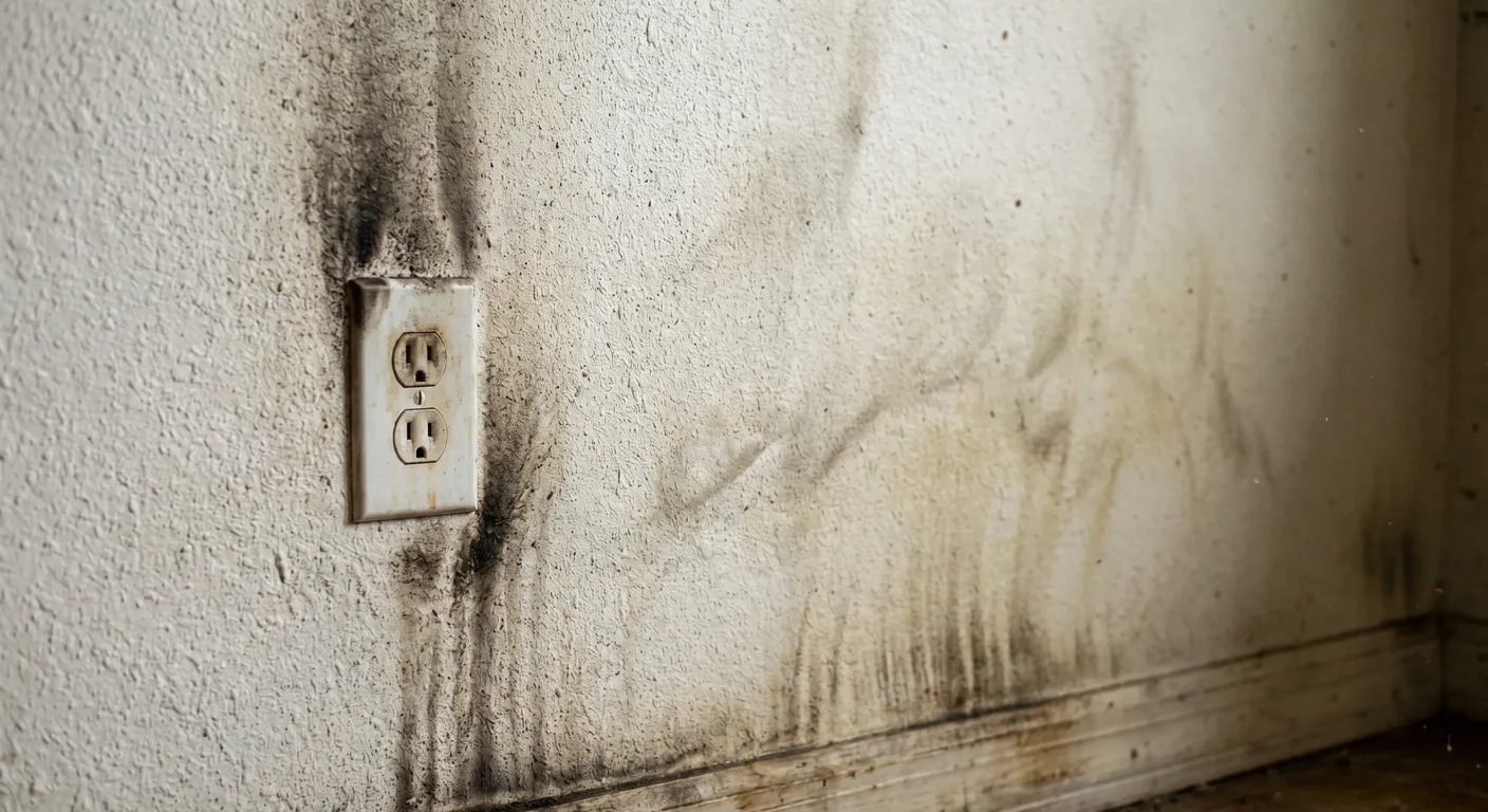 Heavy soot and smoke residue on an interior stucco CBS wall of an Orlando Central Florida home