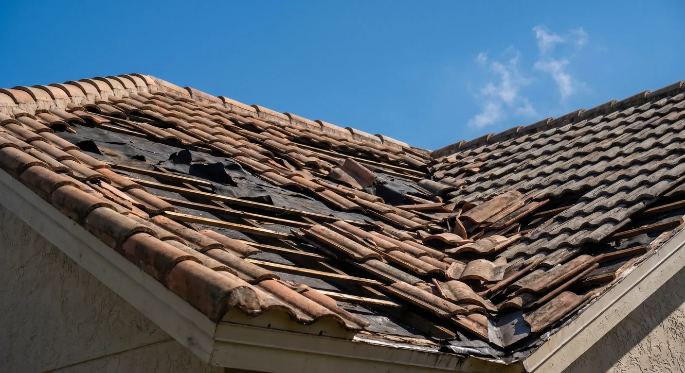 Lifted, cracked and missing barrel tiles on an Orlando Central Florida stucco home roof after high wind exposing underlayment