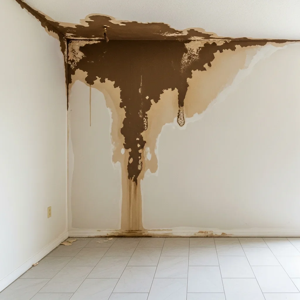 Water damage staining on a drywall ceiling in an Orlando Florida condo building showing evidence of HVAC condensate overflow migrating through shared building cavities
