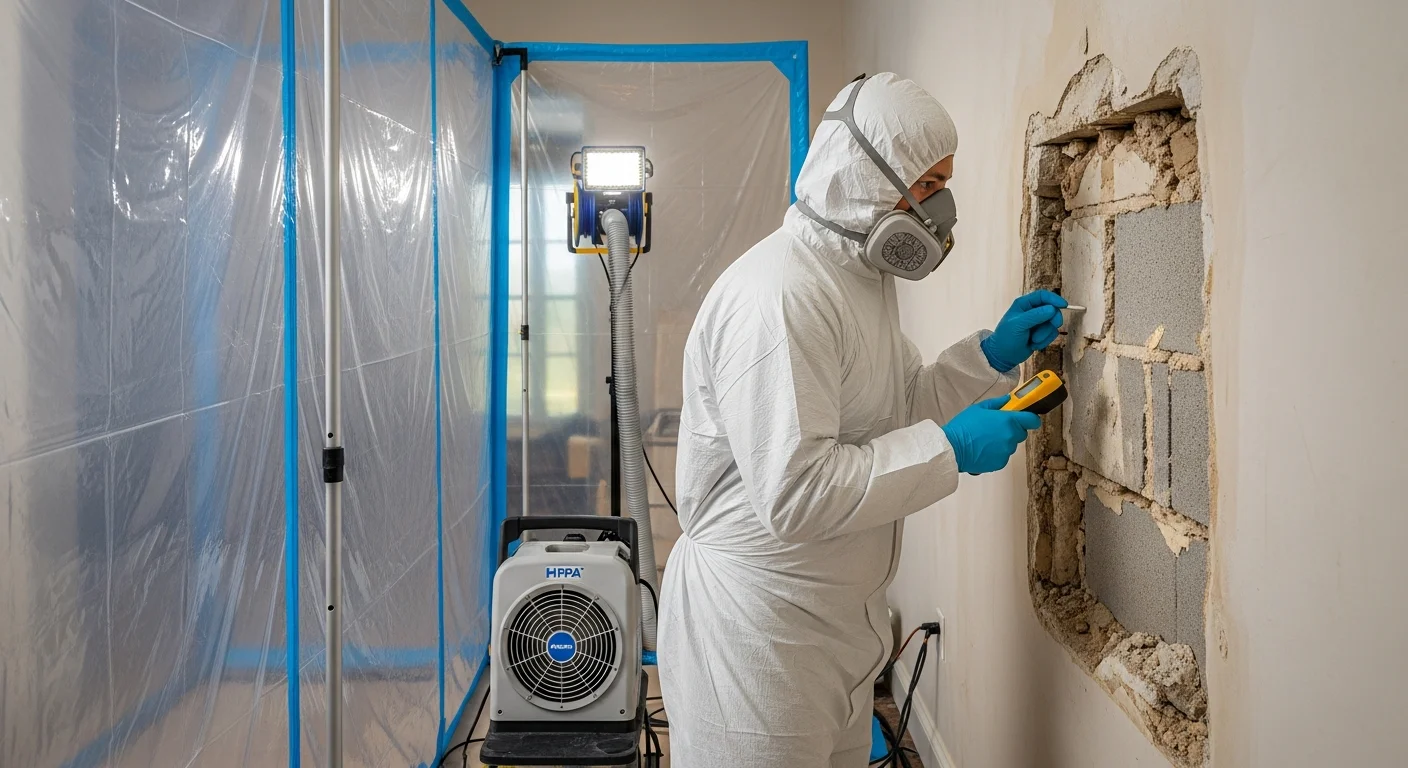 Palm Build mold remediation technician in full PPE working inside a Palm Beach Florida estate home with visible mold on a wall cavity