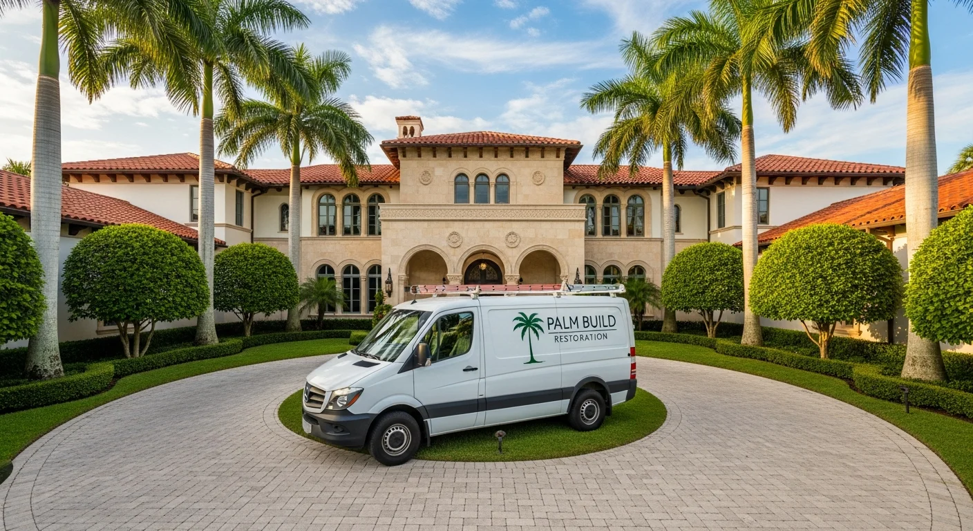 Palm Build restoration van in the driveway of a Mediterranean Revival estate in Palm Beach Florida with manicured hedges and palm trees