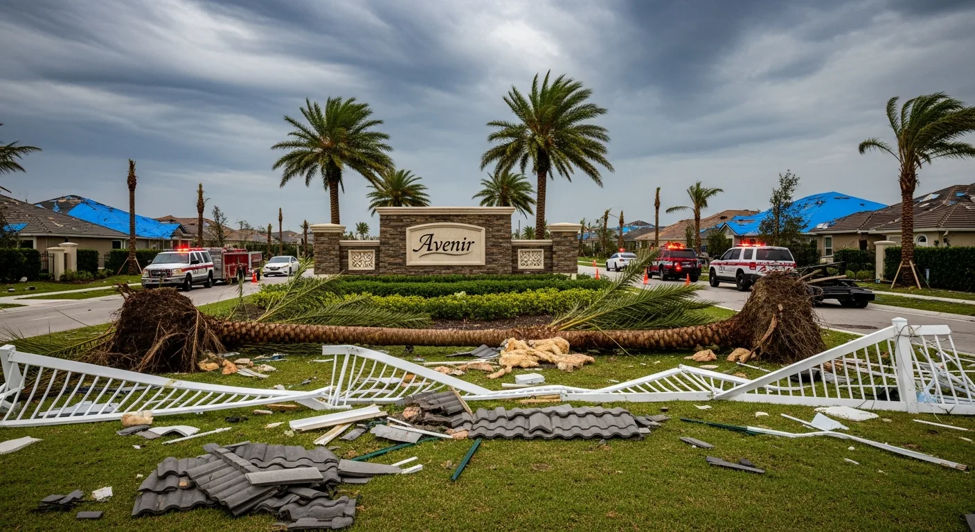 Aftermath of October 2024 EF-3 tornado in Avenir community Palm Beach Gardens FL showing structural damage to homes