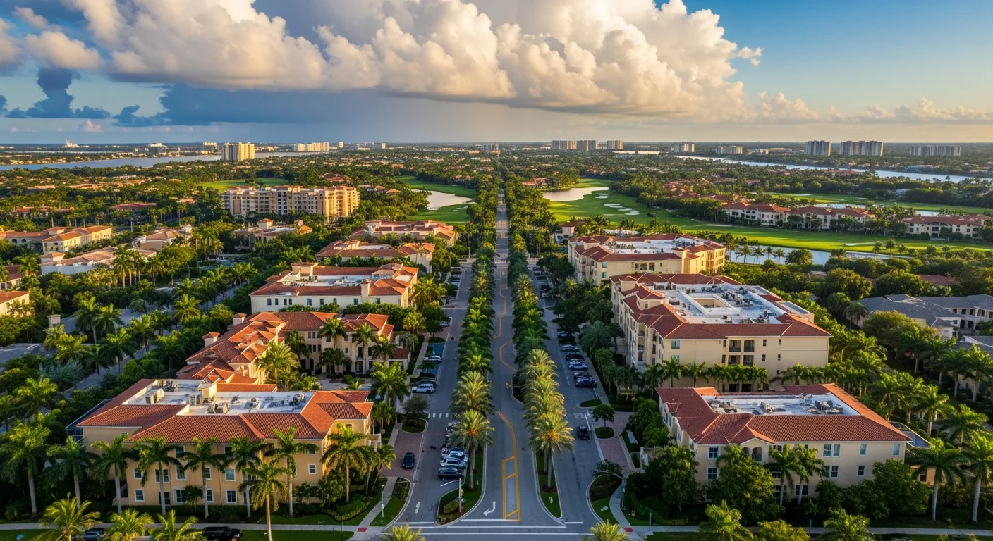 Aerial view of Palm Beach Gardens FL commercial corridor along PGA Boulevard with office parks and retail centers