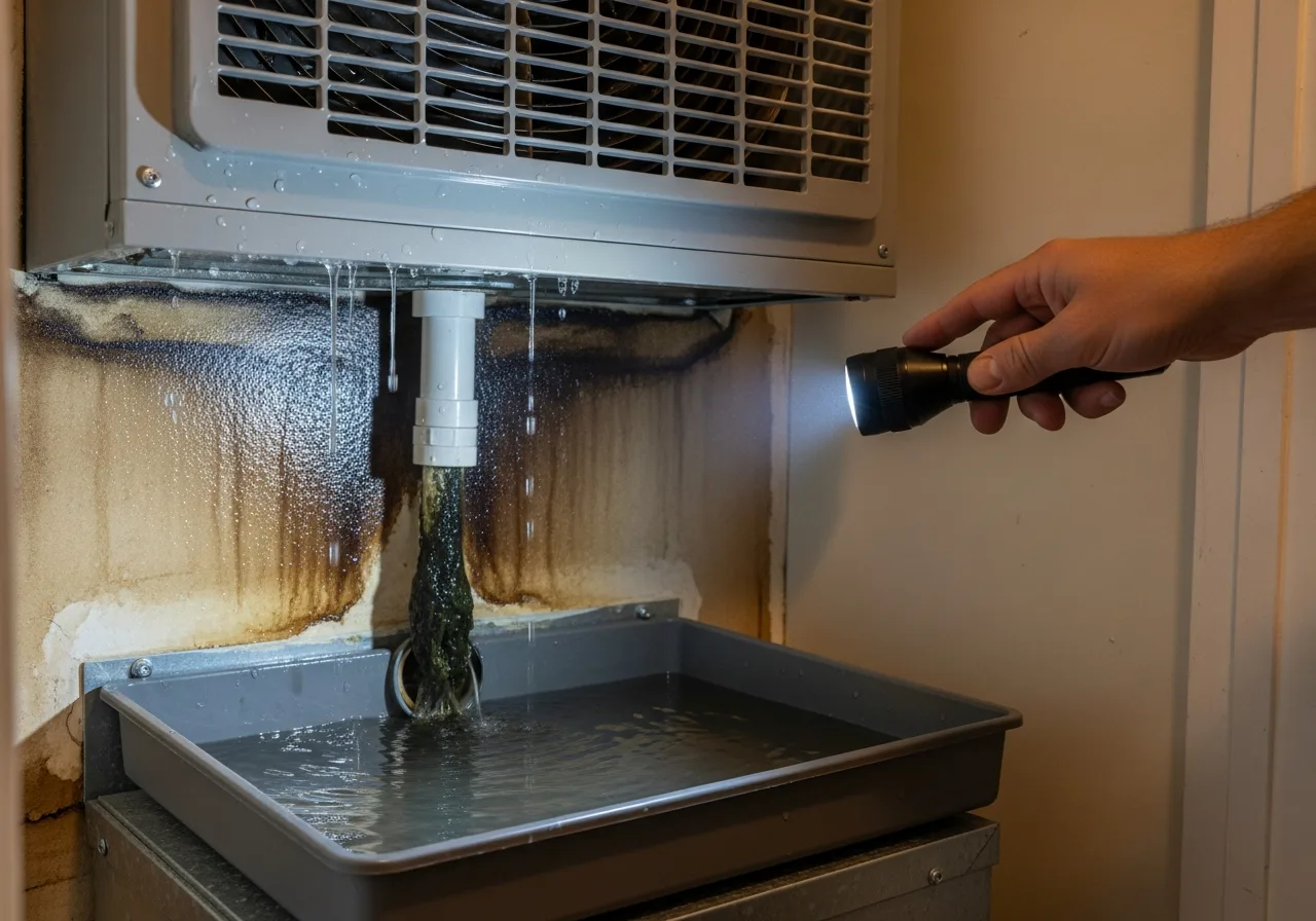 HVAC condensation damage causing mold growth in a Palm Beach Gardens FL luxury home showing moisture on evaporator coils and drip pan