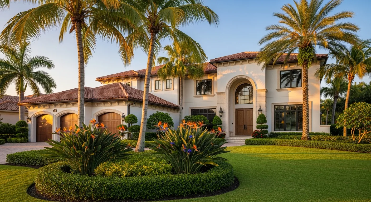 Luxury home in a Palm Beach Gardens FL golf community showing CBS stucco construction, barrel tile roof, and impact windows typical of PGA National and BallenIsles