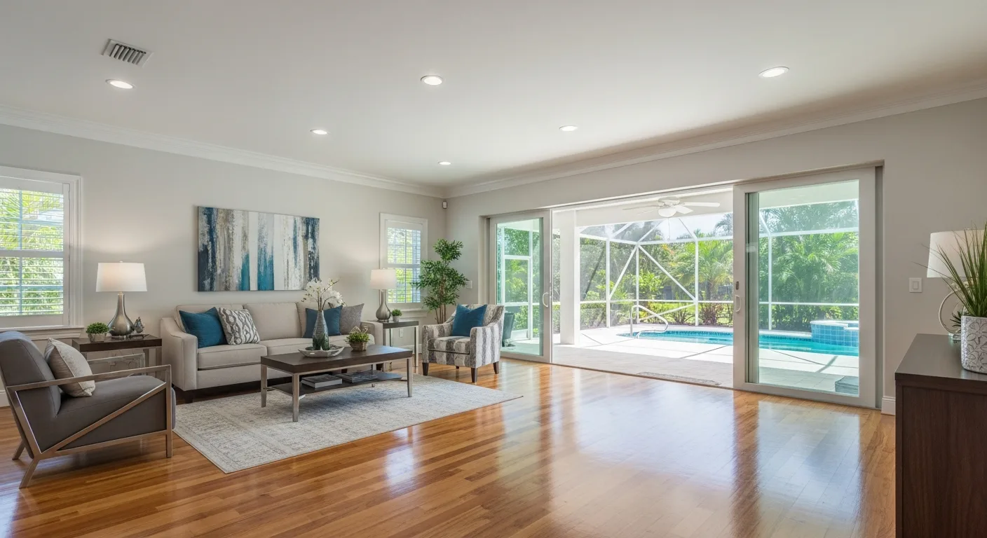 Fully restored living room in a Palm Beach Gardens luxury home showing custom millwork, premium cabinetry, and designer finish work completed by Palm Build