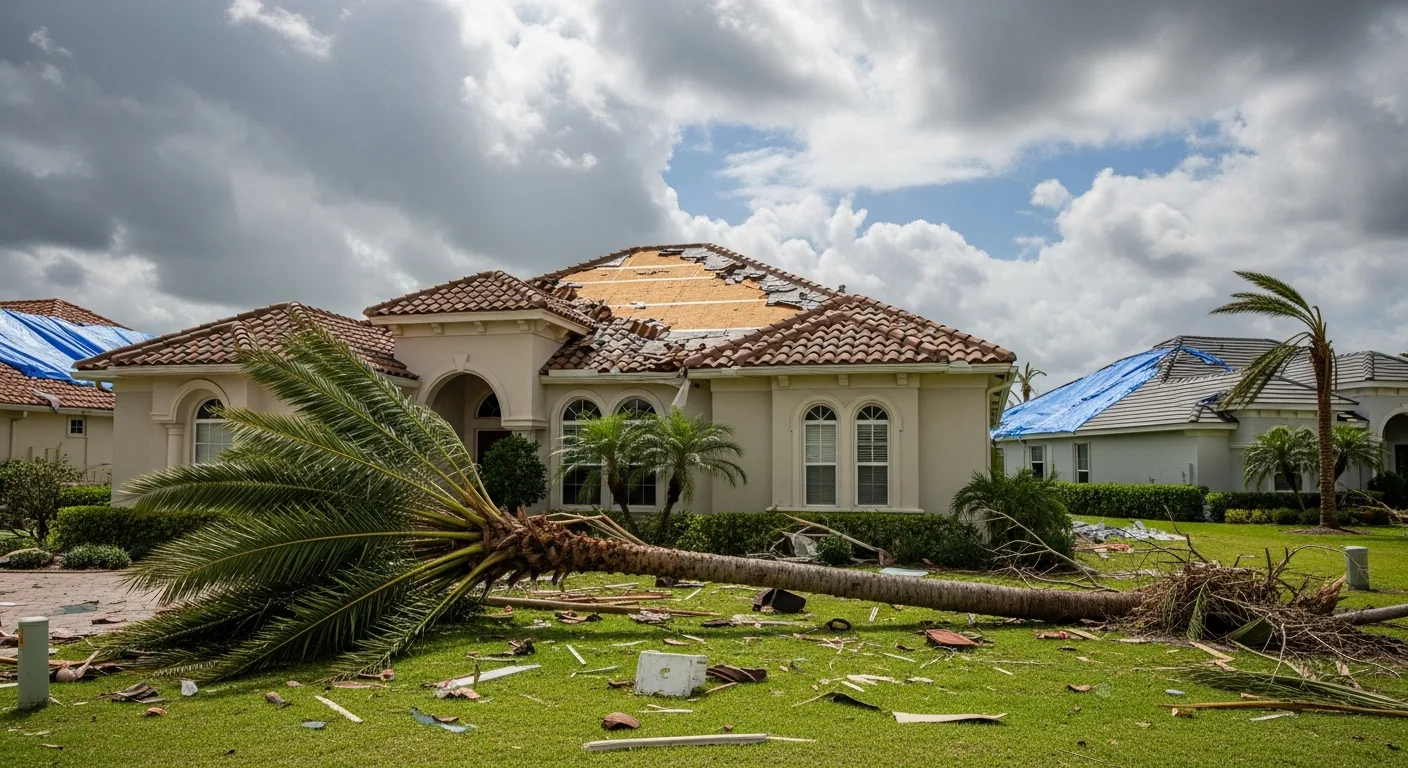 Storm damage to residential neighborhood in Palm Beach Gardens Florida showing displaced barrel tile roofing and downed trees after severe wind event