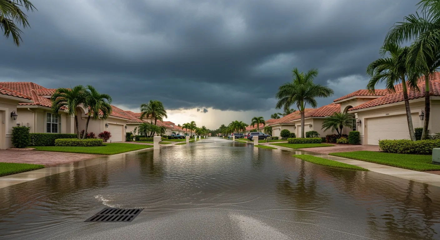 Flooded residential street in Palm Beach Gardens Florida after heavy afternoon thunderstorm with standing water covering the road and approaching CBS stucco homes in a gated community