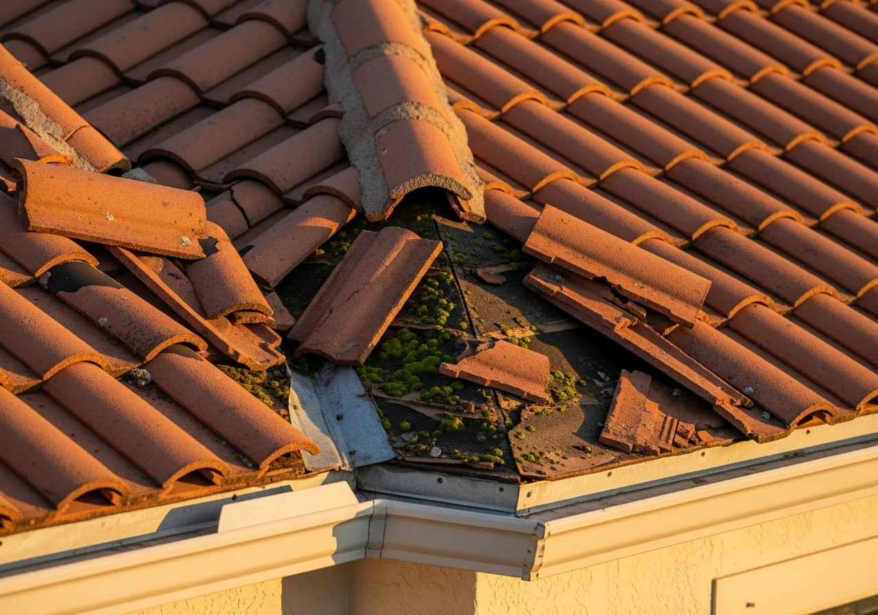 Deteriorating barrel tile roof on a Palm Beach Gardens home showing cracked tiles and displaced underlayment