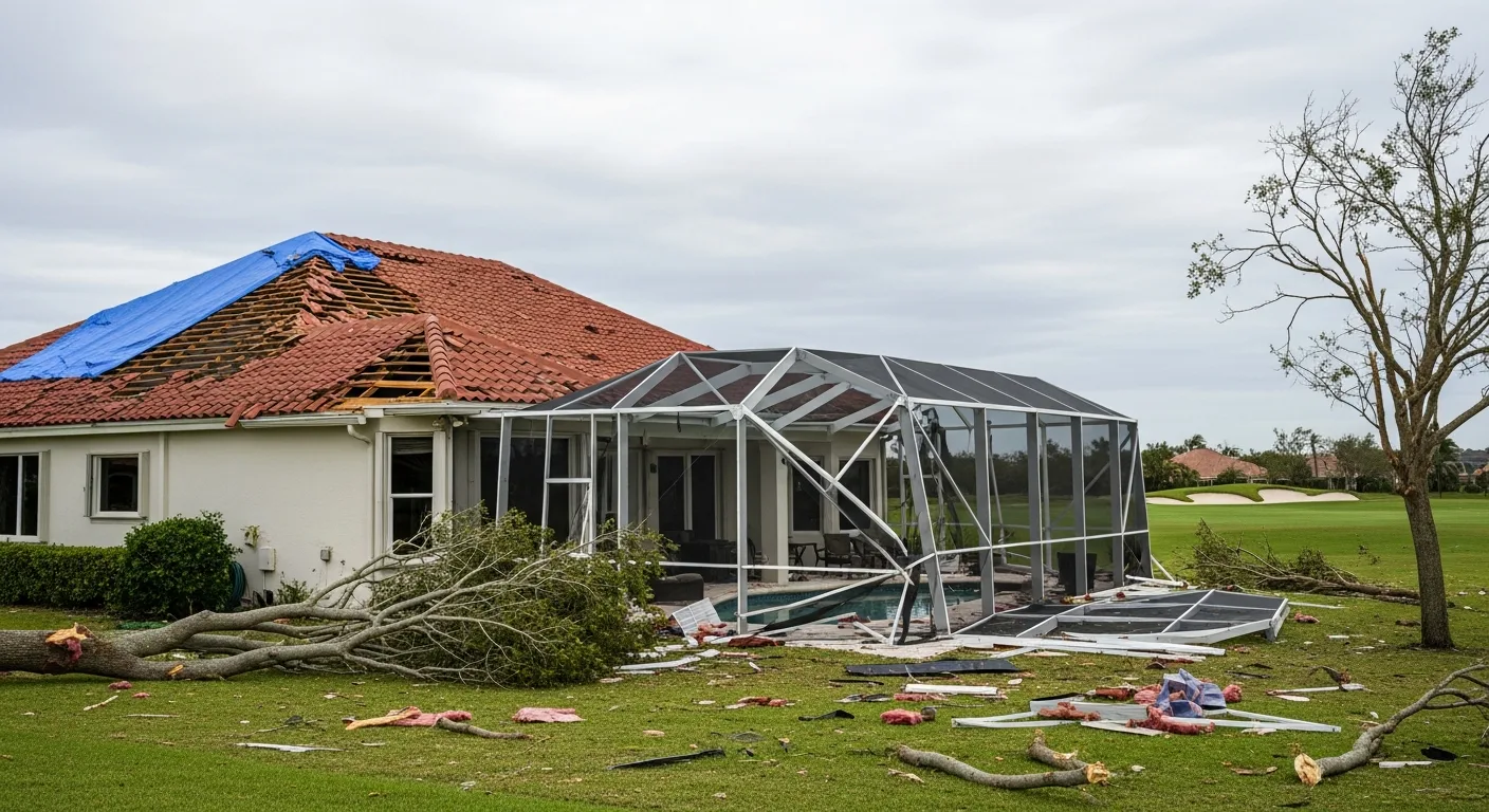 Tornado damage to Palm Beach Gardens FL golf community showing displaced barrel tiles and structural debris across gated neighborhood